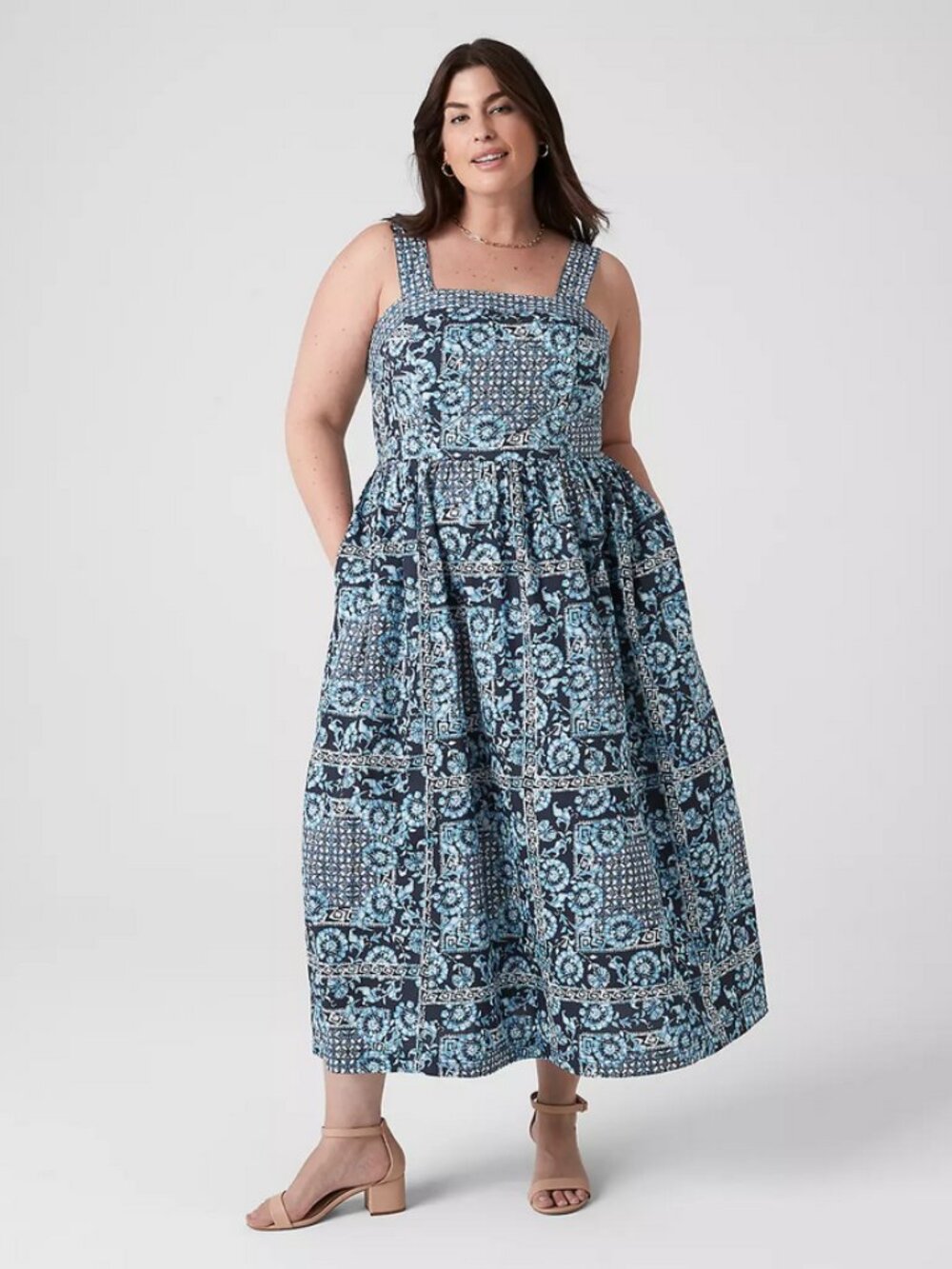 Lane Bryant Sz. 24 Batik Floral 100% Cotton Square Neck Quilted Deta Midi Dress